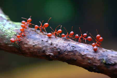 a group of exotic ants marching on a tree branch, created with generative aiの素材
