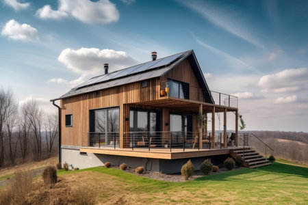 smart home powered by renewable energy sources, such as solar panels and wind turbines, created with generative aiの素材
