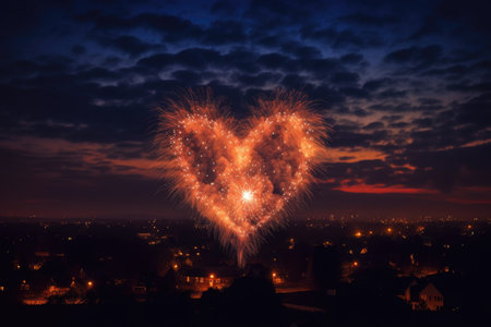 fireworks forming a heart shape in night sky, created with generative aiの素材