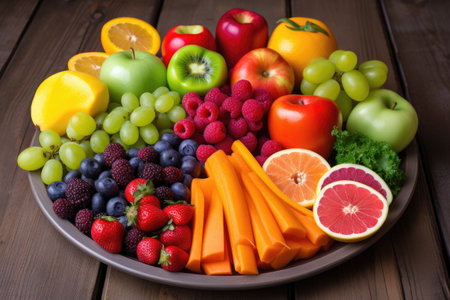 plate of healthy, colorful fruits and vegetables, created with generative aiの素材