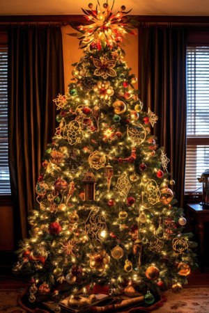christmas tree with glowing lights and ornaments, created with generative aiの素材