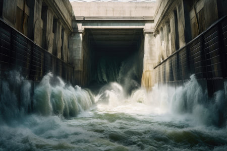 water rushing through dam spillways, generating power, created with generative aiの素材