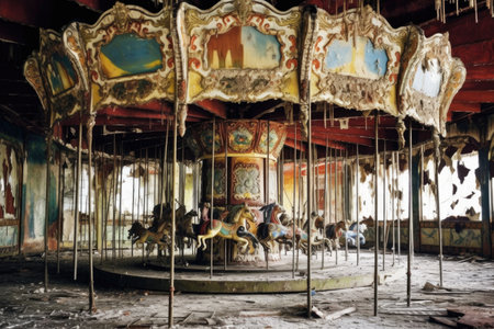 dilapidated carousel with chipped paint and cobwebs, created with generative aiの素材
