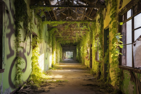 empty barracks covered in graffiti and vines, created with generative aiの素材