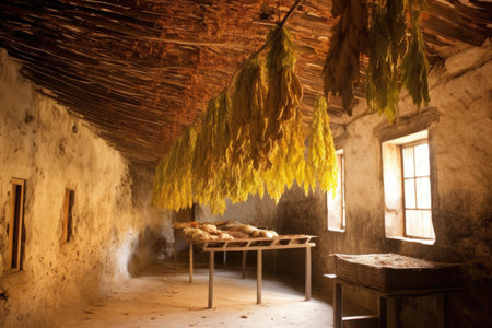 tobacco drying process in a well-ventilated room, created with generative aiの素材