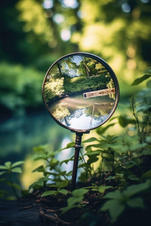 reflection of nature in a magnifying glass outdoors, created with generative aiの素材