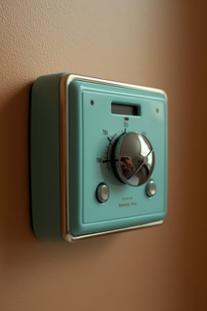 close-up of a modern thermostat on a wall, created with generative aiの素材