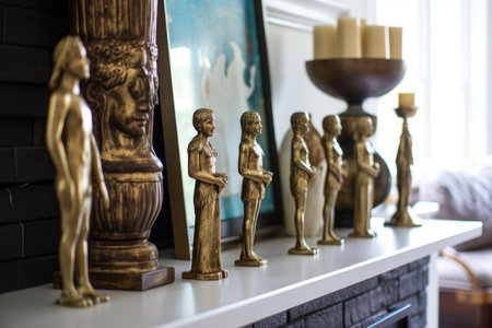 vintage brass candlestick holders on a fireplace mantel, created with generative aiの素材