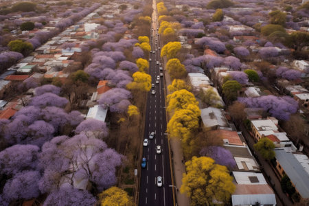 aerial view of a street lined with blooming jacaranda trees, created with generative aiの素材