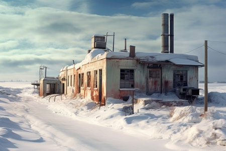 wind-swept snow blanketing an abandoned laboratory, created with generative aiの素材