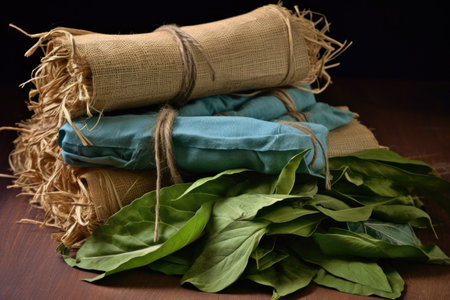 bundle of tobacco leaves tied with twine, ready for rolling, created with generative aiの素材