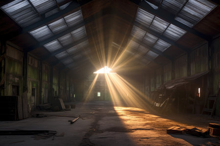 sunrays illuminating an empty ammunition depot, created with generative aiの素材