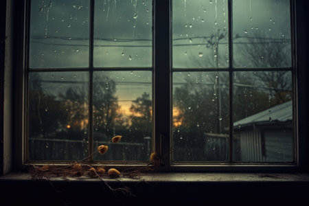 raindrops hitting a window with a stormy background, created with generative aiの素材