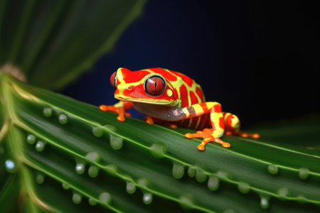 red-eyed tree frog resting on a leaf, created with generative aiの素材