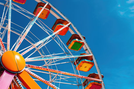 close-up of vibrant ferris wheel against blue sky, created with generative aiの素材