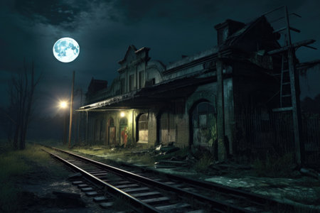moonlit night illuminating an old, derelict train station, created with generative aiの素材