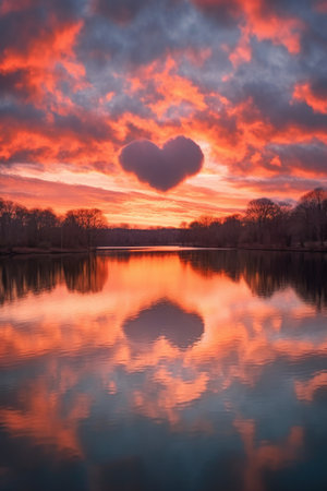 heart-shaped cloud formation over a serene lake, created with generative aiの素材