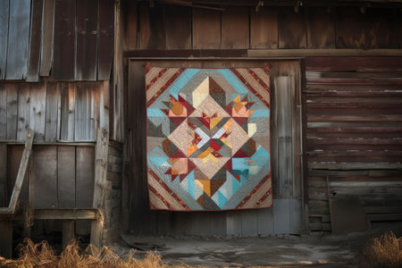 hand-stitched quilt hanging on a rustic barn wall, created with generative aiの素材