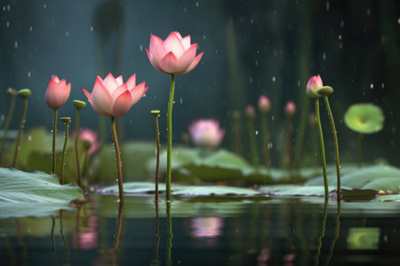 raindrops falling gently on floating lotus flowers in a pond, created with generative aiの素材
