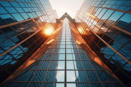 abstract low-angle shot of skyscrapers forming geometric patterns, created with generative aiの素材