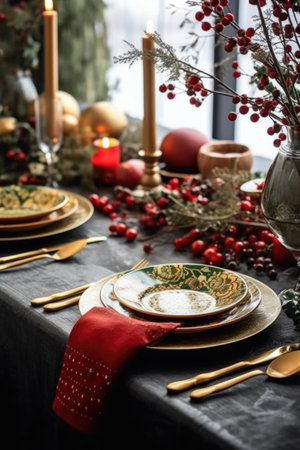 festive table setting with 2022 decorations, created with generative aiの素材
