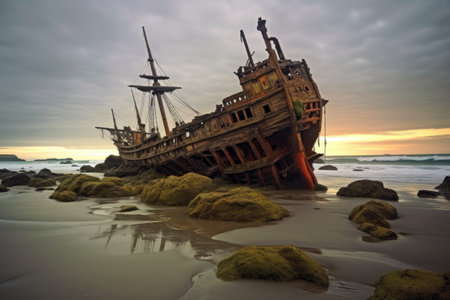 old pirate shipwreck washed ashore on a beach, created with generative aiの素材
