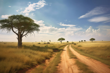 dusty dirt road winding through savanna landscape, created with generative aiの素材