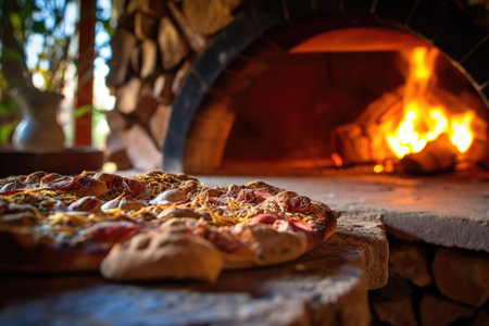 close-up of traditional wood-fired pizza oven, created with generative aiの素材