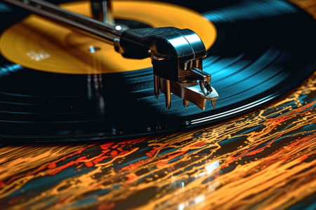 close-up of a stylus on a spinning vinyl record, created with generative aiの素材
