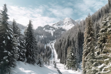 snow-covered pine trees framing an alpine ski slope, created with generative aiの素材