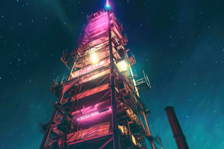 close-up of 5g tower with glowing lights at night, created with generative aiの素材