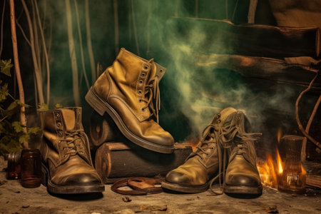 vintage boots beside a campfire, smoke in the air, created with generative aiの素材