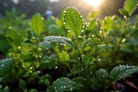 dewdrops on fresh herbs early in the morning, created with generative aiの素材