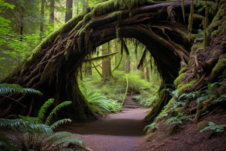 redwood forest hike trail winding through giant trees, created with generative aiの素材