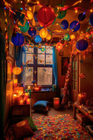 colorful diwali lanterns illuminating a room, created with generative aiの素材
