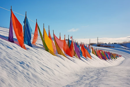colorful ski flags marking the edge of a slope, created with generative aiの素材