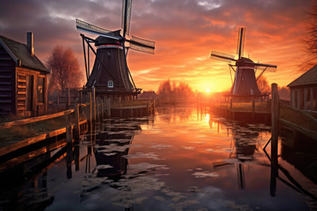 windmills reflecting on a tranquil canal during sunset, created with generative aiの素材