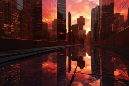 skyscrapers with dramatic sunset reflections, created with generative aiの素材