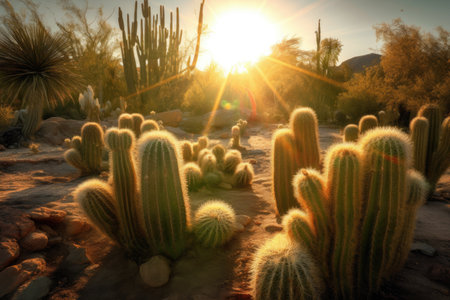 sunrays filtering through cactus spines, created with generative aiの素材