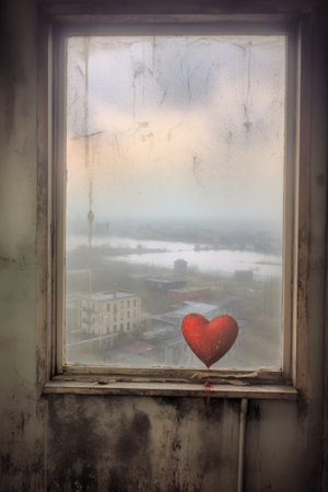 heart drawn on a foggy window with cityscape behind, created with generative aiの素材