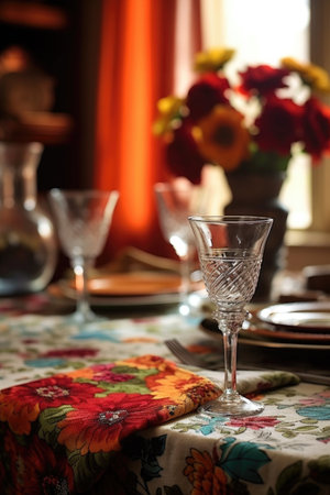 wine glasses and festive napkins on dining table, created with generative aiの素材