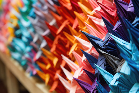 close-up of colorful origami cranes in a row, created with generative aiの素材