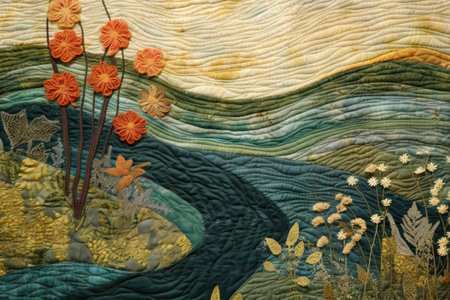 hand-stitched quilt with nature-inspired design, created with generative aiの素材
