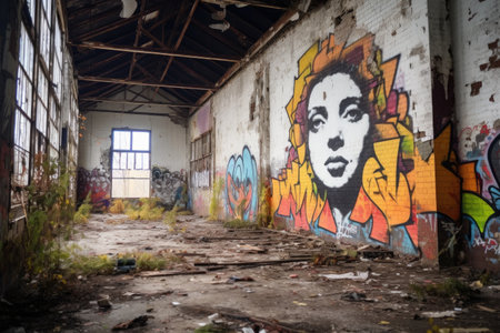 crumbling brick wall with graffiti in an abandoned factory, created with generative aiの素材