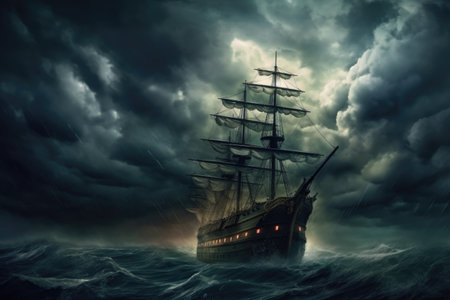 dramatic stormy sky above a ghostly ship, created with generative aiの素材