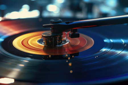 close-up of turntable needle on a vinyl record, created with generative aiの素材