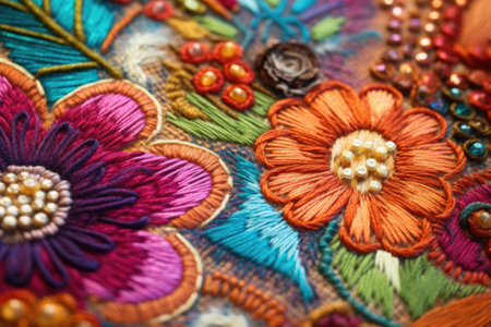 macro shot of a rugs detailed embroidery and stitching, created with generative aiの素材