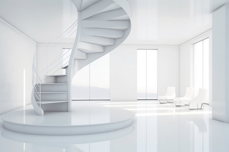 minimalist spiral staircase in a bright, white space, created with generative aiの素材