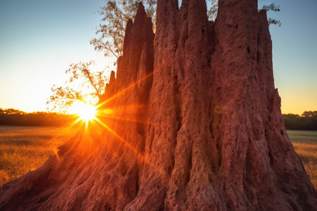 close-up of termite mound with sun setting behind, created with generative aiの素材