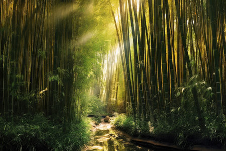 sunlight streaming through dense bamboo grove, created with generative aiの素材